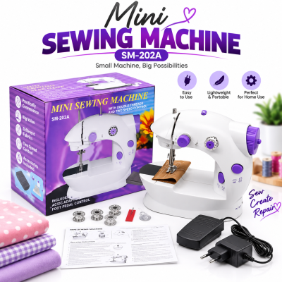 Mini Sewing Machine SM-202A – Portable Dual Speed Electric Sewing Machine with LED Light, Foot Pedal, AC Adapter & Double Thread System for Home Use